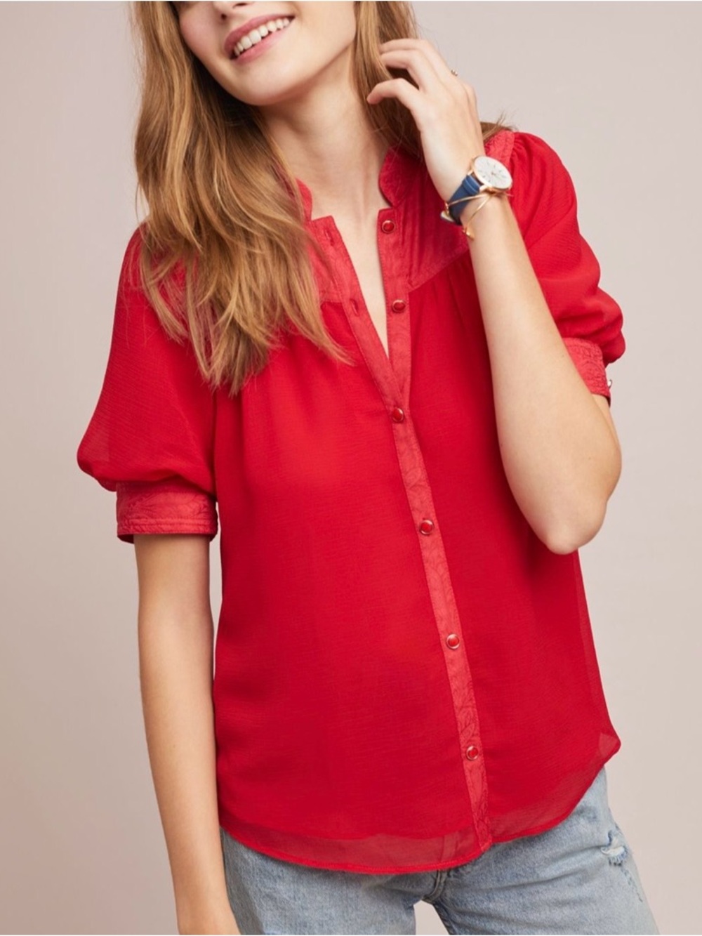 Anthropologie Maeve Red Lavoie Puff Sleeve Blouse